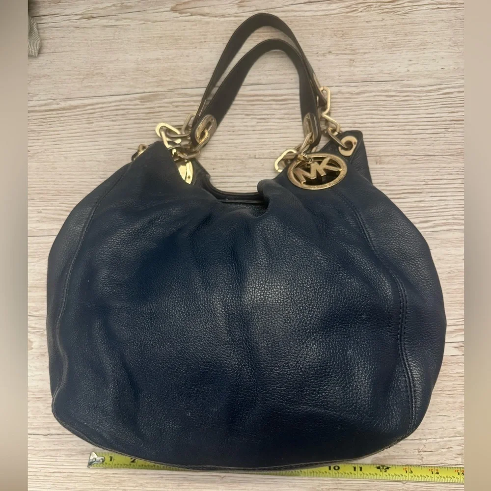 Michael Kors Large Fulton Triple Compartment Hobo Shoulder Bag Navy Leather Gold